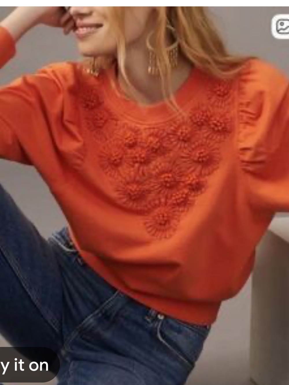 Anthropologie Orange Floral-Appliqué Pullover Sweatshirt